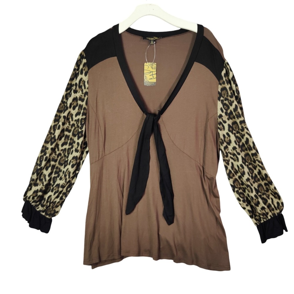 Suzanne Betro Leopard Sleeve Tie-Front Blouse Top Brown Black Women Size 3X